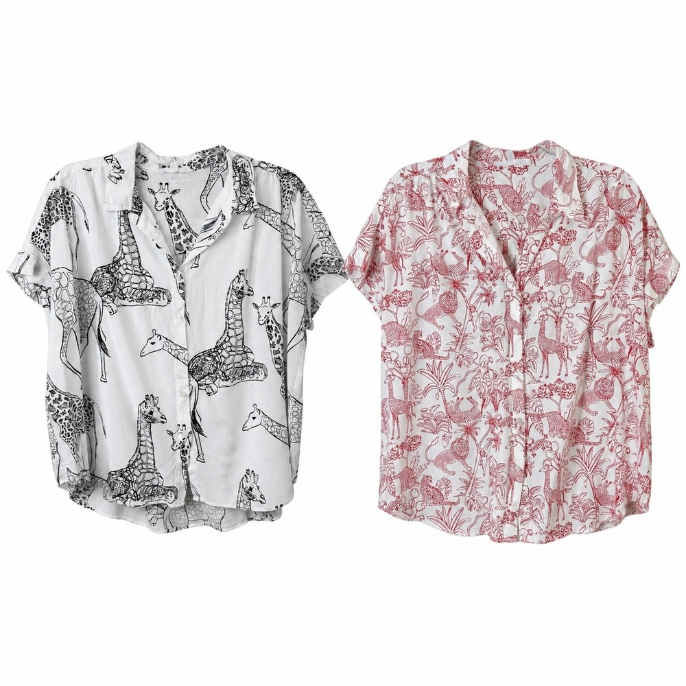 Jane + Delancey Giraffe Safari Print Button Down Shirt Bundle XL Rayon Black Red